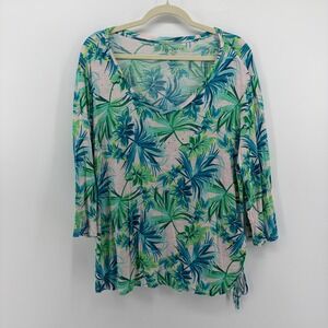 Casey Key Blue Green Tropical Palm Leaf Print V Neck 3/4 Sleeve Blouse PXL